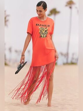 NEW Farm Rio x Anthropologie Fringe T-Shirt Maxi Dress, Large